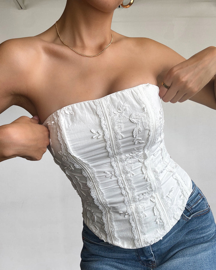 CELESTE EMBROIDERED CORSET TOP IN WHITE