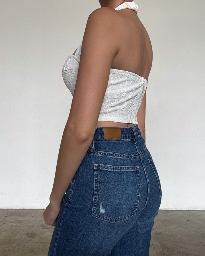 ARIANA BUSTIER HALTER CROP TOP IN IVORY