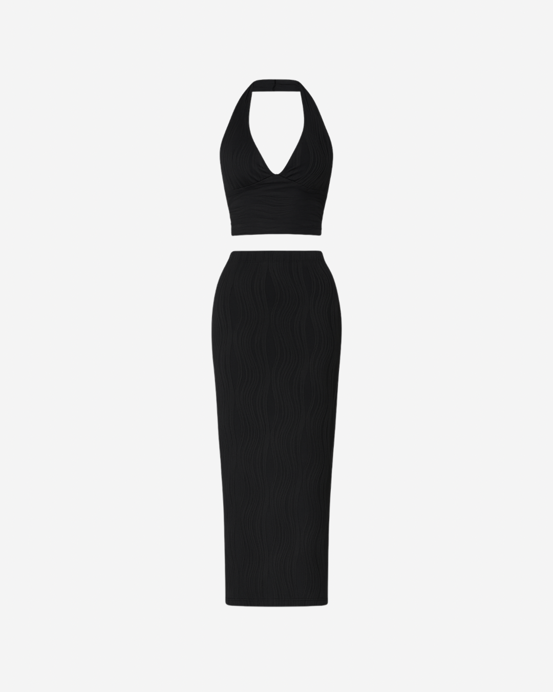 MELANIA TEXTURED HALTER TOP & MIDI SKIRT SET
