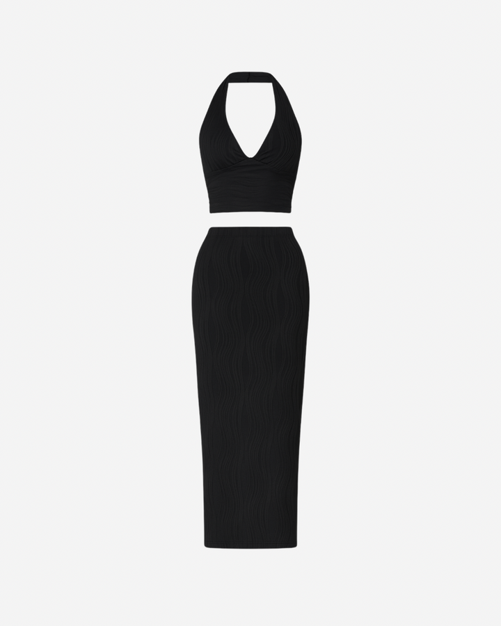 MELANIA TEXTURED HALTER TOP & MIDI SKIRT SET