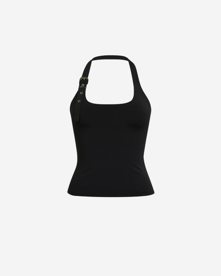 KIRA BELTED HALTER TOP IN BLACK