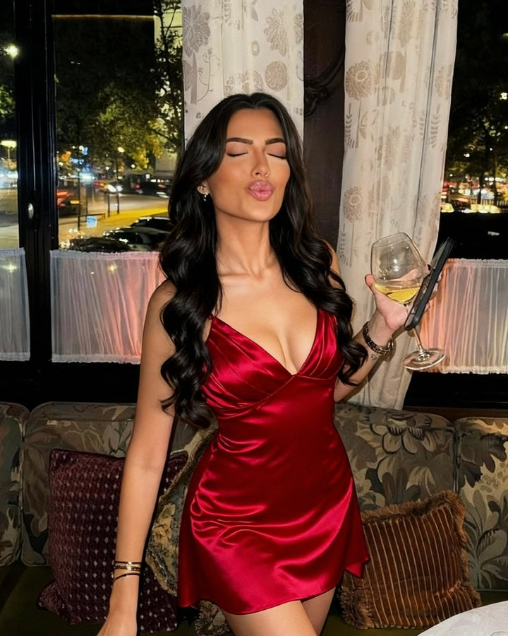 Reina Satin Pleated Mini Dress in Red