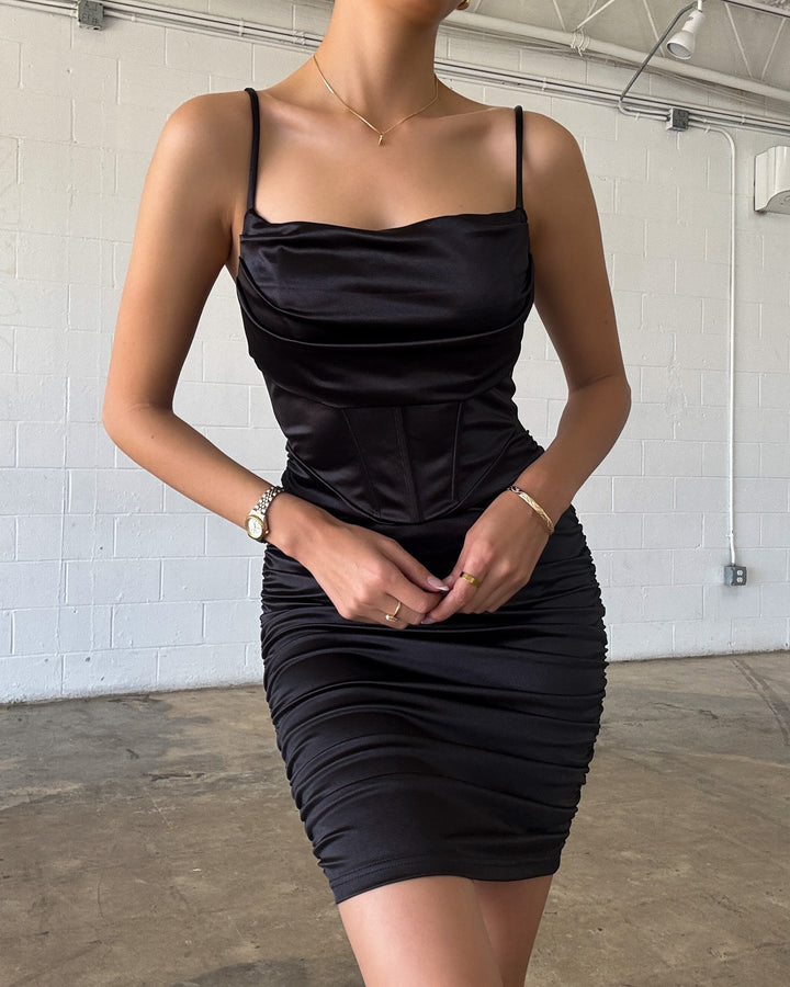 EMILY SATIN BLACK MINI DRESS