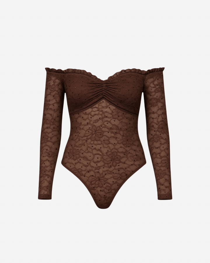 EMBER OFF THE SHOULDER BODYSUIT IN BROWN