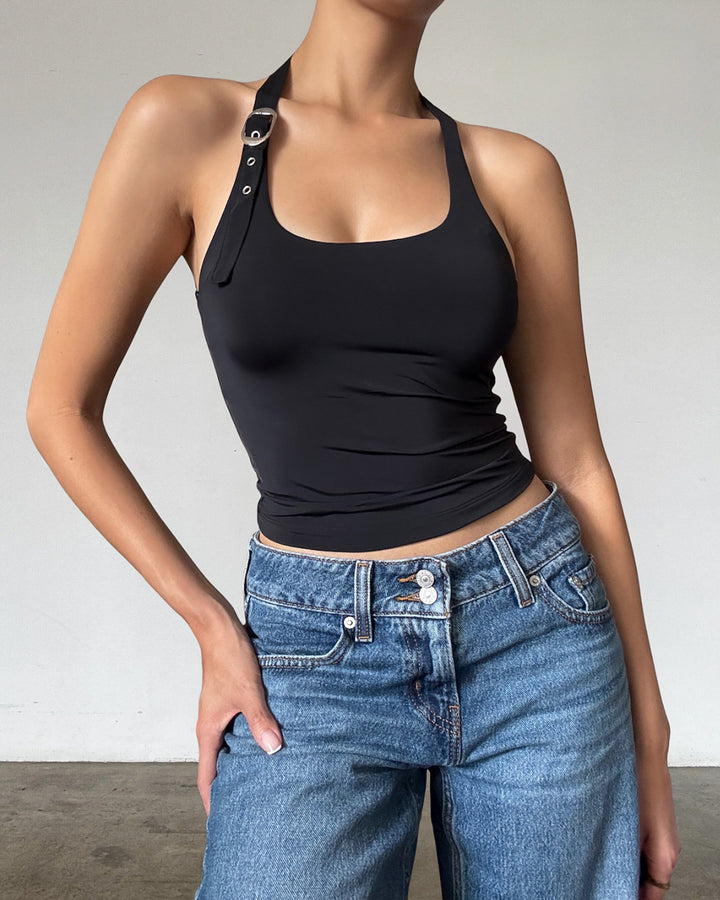 KIRA BELTED HALTER TOP IN BLACK