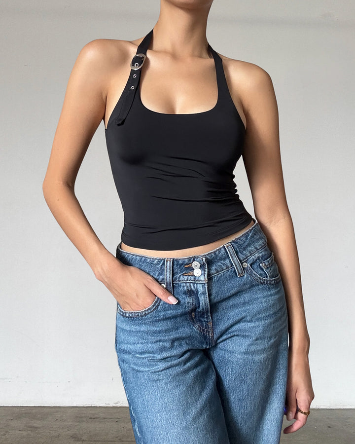 KIRA BELTED HALTER TOP IN BLACK