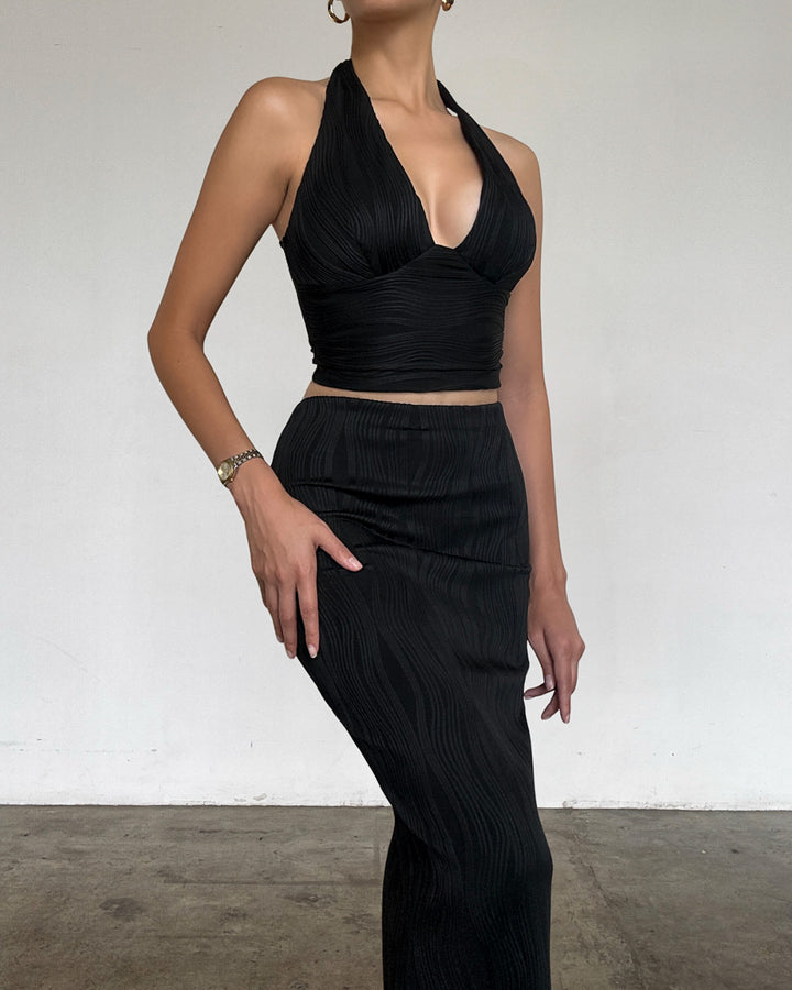 MELANIA TEXTURED HALTER TOP & MIDI SKIRT SET