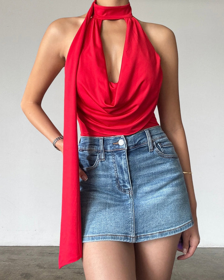 NAMI COWL NECK BODYSUIT IN RED