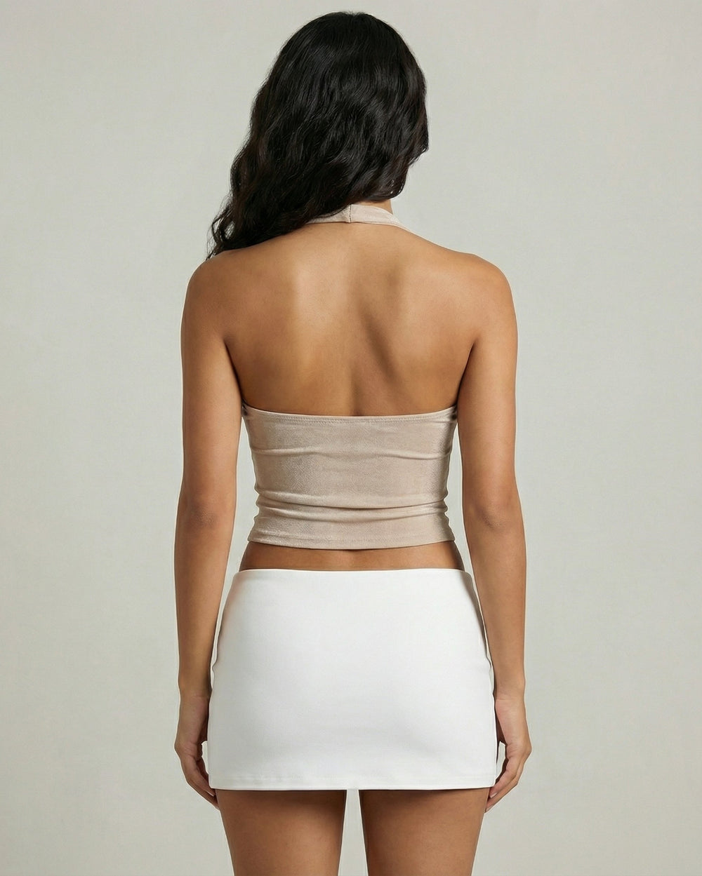 back view of cowl neck halter top