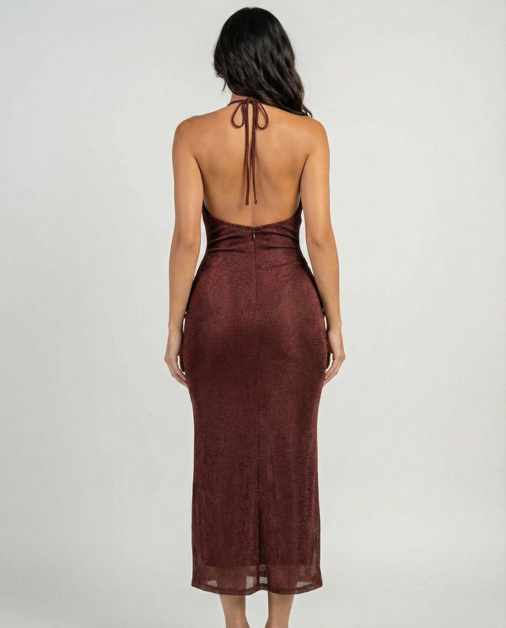 Back view of burgundy midi dress