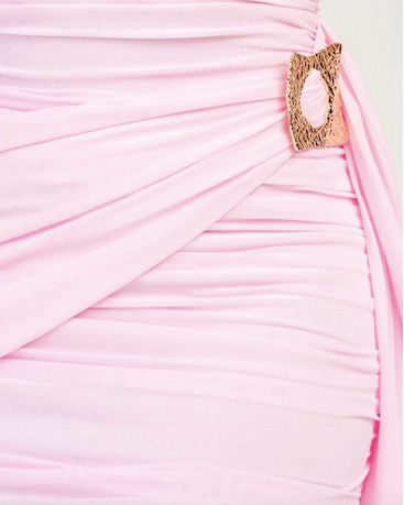 Close up of the gold detail on the pink sweetheart mini dress